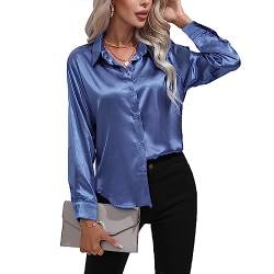 Daysskk Satin Bluse Damen Blau V-Ausschnitt Bluse Damen Elegant Langarm Oberteil Damen Elegant Seide Blusen Buissenes Damen Elegant L von Daysskk