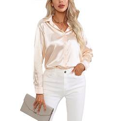 Daysskk Satin Bluse Damen Champagne V-Ausschnitt Bluse Damen Elegant Langarm Oberteil Damen Elegant Seide Blusen Buissenes Damen Elegant M von Daysskk