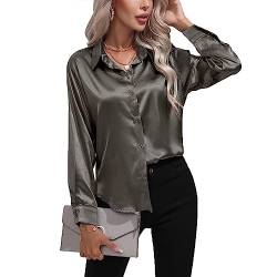 Daysskk Satin Bluse Damen Dunkelgrau V-Ausschnitt Bluse Damen Elegant Langarm Oberteil Damen Elegant Seide Blusen Buissenes Damen Elegant S von Daysskk