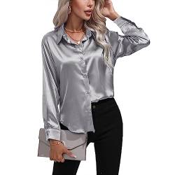 Daysskk Satin Bluse Damen Grau V-Ausschnitt Bluse Damen Elegant Langarm Oberteil Damen Elegant Seide Blusen Buissenes Damen Elegant M von Daysskk