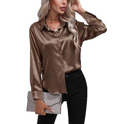 Daysskk Satin Bluse Damen Hellbraun V-Ausschnitt Bluse Damen Elegant Langarm Oberteil Damen Elegant Seide Blusen Buissenes Damen Elegant XL von Daysskk