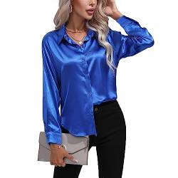 Daysskk Satin Bluse Damen Königsblau V-Ausschnitt Bluse Damen Elegant Langarm Oberteil Damen Elegant Seide Blusen Buissenes Damen Elegant L von Daysskk