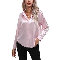 Daysskk Satin Bluse Damen Rosa V-Ausschnitt Bluse Damen Elegant Langarm Oberteil Damen Elegant Seide Blusen Buissenes Damen Elegant L von Daysskk