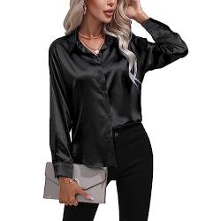 Daysskk Satin Bluse Damen Schwarz V-Ausschnitt Bluse Damen Elegant Langarm Oberteil Damen Elegant Seide Blusen Buissenes Damen Elegant M von Daysskk