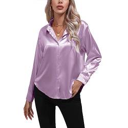 Daysskk Satin Bluse Damen Violett V-Ausschnitt Bluse Damen Elegant Langarm Oberteil Damen Elegant Seide Blusen Buissenes Damen Elegant XL von Daysskk