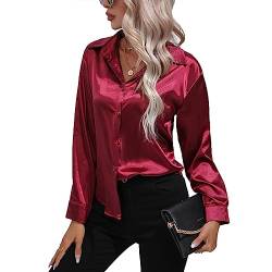 Daysskk Satin Bluse Damen Weinrot V-Ausschnitt Bluse Damen Elegant Langarm Oberteil Damen Elegant Seide Blusen Buissenes Damen Elegant XL von Daysskk