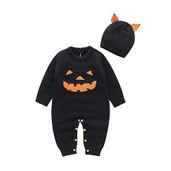 Dazzerake 2 Stück Halloween Baby-Strampler mit langen Ärmeln, gestrickt, Kürbis, Pullover, Halloween-Kleid, Schwarz , 3-6 Monate von Dazzerake