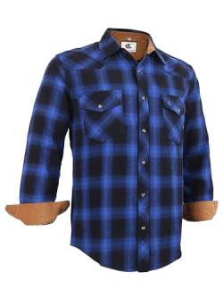 Dctop Flanellhemd Herren Langarm Holzfällerhemd Kariert Snap Knopf Baumwolle mit Tasche Regular Fit Casual Shirt Hemd(Blau/Schwarz 3# 2XL) von Dctop