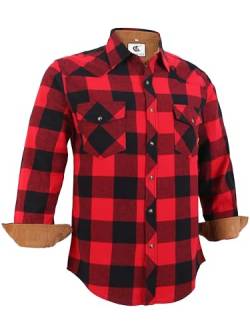 Dctop Flanellhemd Herren Langarm Holzfällerhemd Kariert Snap Knopf Baumwolle mit Tasche Regular Fit Casual Shirt Hemd (Rot/Schwarz 1# 4XL) von Dctop