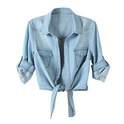 De feuilles Damen Jeanshemd 3/4 Ärmel Jeansbluse Bluse Baumwolle Krawattenknoten Button-down Shirt Sommer Blau Jean Oberteile von De feuilles