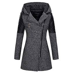 De feuilles Damen Kapuzenjacke Kapuzenmantel Trenchcoat Slim mit gefüttert,Revers mit Kapuze Warme Winterjacke mit Taschen,ärmel mit Pu-Leder Patchwork Schräger Reißverschluss 40EU dunkelgrau von De feuilles