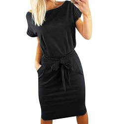 De feuilles Damen Kleider Elegant Festlich Sommerkleid Knielang Rundhalsausschnitt Kurzarm Wickelrock Einfarbig Taille mit Gürtel für Party Casual 44EU schwarz von De feuilles