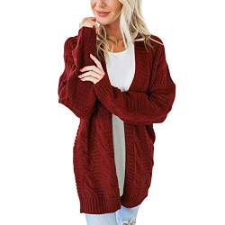 De feuilles Damen Langarm Vorne öffnend Strickjacke Sweater Cardigan Grobstrick Strickmantel Länge bis zur Hüfte Loose Patchwork Outwear S-3XL EU40 dunkelrot von De feuilles