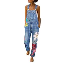 De feuilles Damen Latzhose mit Blumenmuster Sommer Herbst Jeans Hosen lang Denim Overall Jumpsuit Gerades Bein mit 5 Taschen Mädchen Casual Denim Fraizeithose EU40 Hellblau von De feuilles