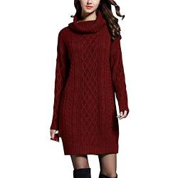 De feuilles Damen Strickpullover Pulloverkleid Pullikleid Strickkleid elegant Grobes Zopfmuster Stehkragen Swaterkleid Pullover Pulli lang für Herbst Frühling Winter EU36 weinrot von De feuilles