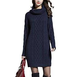 De feuilles Damen Strickpullover Pulloverkleid Pullikleid Strickkleid elegant Grobes Zopfmuster Stehkragen Swaterkleid Pullover Pulli lang für Herbst Frühling Winter EU40 Schwarzblau von De feuilles