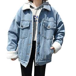 De feuilles Oversize Jeansjacke mit Fell gefütterte Denim Jacke,für Damen Mädchen Revers Winterjacke Coat Damenjacke Wintermantel Outerwear Knopf mit Taschen,(künstlicher Fell) 36EU blau von De feuilles