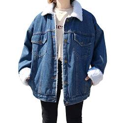 De feuilles Oversize Jeansjacke mit Fell gefütterte Denim Jacke,für Damen Mädchen Revers Winterjacke Coat Damenjacke Wintermantel Outerwear Knopf mit Taschen,(künstlicher Fell) 36EU dunkelblau von De feuilles