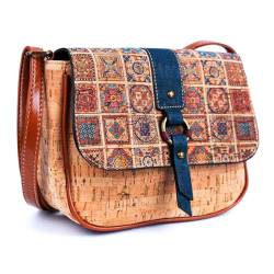 DeCarbonize Damen Crossbody Handtasche aus Kork Satteltasche Vegan Leder Nachhaltig (Azulejos Muster 1) von DeCarbonize