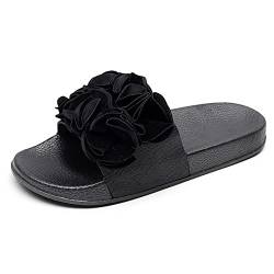 Hausschuhe Damen mit Blumen Rutschfeste Sexy Slipper Damen Sandalen Flach Sommer Schuhe Frau Strandschuhe Lose Sommerschuhe Schlappen Damen Schwarz Trekkingsandalen von DeHolifer