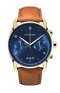 DeTomaso SORPASSO Chronograph Limited Edition Gold Blue Herren-Armbanduhr Analog Quarz Leder Armband Braun von DeTomaso