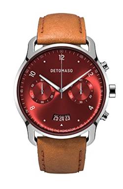 DeTomaso SORPASSO Chronograph Limited Edition Silver RED Herren-Armbanduhr Analog Quarz Leder Armband Braun von DeTomaso