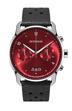 DeTomaso SORPASSO Chronograph Limited Edition Silver RED Herren-Armbanduhr Analog Quarz Leder Armband Schwarz von DeTomaso