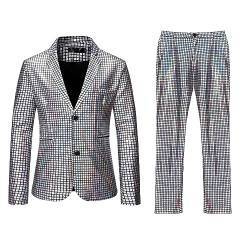 Anzug Herren 2 Teilig Disco Sets Glitzer Jacke und Hose Metallic Glänzende Pailletten Anzüge für Discokugel Party Karneval Kustüm Hochzeit 70er 80er Jahre Outfit Mottoparty Herrenanzüge von DeaAmyGline