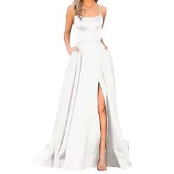 Damen Abendkleid Lang mit Schlitz,Satin Ballkleid Elegant Neckholder Kleider mit Taschen A-Linien Rückenfreies Spaghettiträger Sexy Abendkleider Lange Hochzeitskleid Brautjungfernkleider Party Kleid von DeaAmyGline