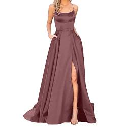 Damen Abendkleid Lang mit Schlitz - Satin Ballkleid Elegant Neckholder Kleider mit Taschen A-Linien Rückenfreies Spaghetti Sexy Abendkleider Lange Hochzeitskleid Brautjungfernkleider Party Kleid von DeaAmyGline