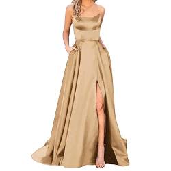 Damen Abendkleid Lang mit Schlitz - Satin Ballkleid Elegant Neckholder Kleider mit Taschen A-Linien Rückenfreies Spaghetti Sexy Abendkleider Lange Hochzeitskleid Brautjungfernkleider Party Kleid von DeaAmyGline