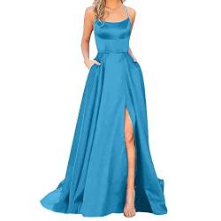 Damen Abendkleid Lang mit Schlitz - Satin Ballkleid Elegant Neckholder Kleider mit Taschen A-Linien Rückenfreies Spaghetti Sexy Abendkleider Lange Hochzeitskleid Brautjungfernkleider Party Kleid von DeaAmyGline