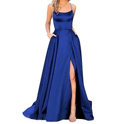 Damen Abendkleid Lang mit Schlitz - Satin Ballkleid Elegant Neckholder Kleider mit Taschen A-Linien Rückenfreies Spaghetti Sexy Abendkleider Lange Hochzeitskleid Brautjungfernkleider Party Kleid von DeaAmyGline