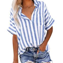 Damen Gestreifte Bluse Kurzarm Knopfleiste Hemd T Shirt mit Brusttasche Sommer Oberteile Streifen Revers Lässige Arbeits Hemdbluse Blusenshirt Kurzarmshirt Tops T-Shirts Blusen für Frauen von DeaAmyGline