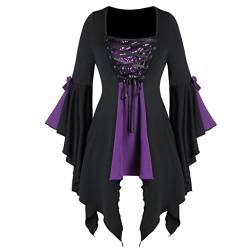 DeaAmyGline Gothic Kleid Damen Shirtkleid - Mittelalter Kleidung Damen Kleider Traditionelle Irische Kleid Trompetenärmel Glitzer Bandage Hexenkleid für Frauen Halloween Kostüm Karneval Cosplay Party von DeaAmyGline