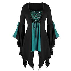 DeaAmyGline Gothic Kleid Damen Shirtkleid - Mittelalter Kleidung Damen Kleider Traditionelle Irische Kleid Trompetenärmel Glitzer Bandage Hexenkleid für Frauen Halloween Kostüm Karneval Cosplay Party von DeaAmyGline