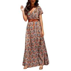 DeaAmyGline Sommerkleid Damen Lang Boho Kleid Blumenkleid Strandkleid Sommer V Ausschnitt Maxikleid Kurzarm Bohemian Blumen Muster Lange Kleider Elegant Festlich Partykleid Freizeitkleid von DeaAmyGline