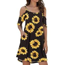 DeaAmyGline Sonnenblumen Kleid Damen Sommerkleid Schulterfreies Spaghetti Strap Sommerkleider Rüschen Sleeves Lose Summer Tshirt Kleid mit Tasche Freizeitkleid Blusenkleid Strandkleid von DeaAmyGline