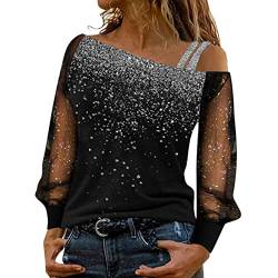 Glitzer Oberteile Damen Pailletten Oberteil Damen T Shirt Schulterfrei Cutout Heißes Diamant Langarm Bluse Elegant Langarmshirt Oversize Lockere Schicke Festliche Blusen für Frauen Party Tunika Top von DeaAmyGline