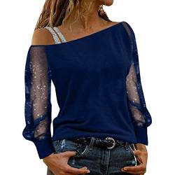 Glitzer Oberteile Damen - Pailletten Oberteil Damen T Shirt mit Schultergurt Schulterfreies Sexy Netz Langarm Bluse Elegant Große Größen Party Festliches Pullover Langarmshirt für Frauen Tunika Top von DeaAmyGline