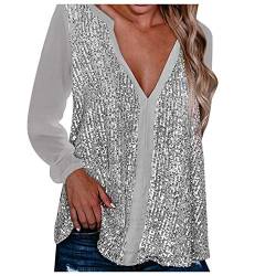 Glitzer Oberteile Damen Sexy -Pailletten Oberteil Damen V-Ausschnitt Silber Weiss Langarmshirt Tunika Top T Shirt Langarm Große Größen Lockere Lässig Bluse Party Oberteil Blusen & Tuniken für Frauen von DeaAmyGline