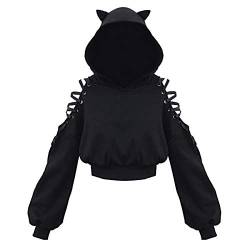 Kapuzenpullover Damen mit Katzenohren, Crop Hoodie Damen Schulterfreies Cutout,Gothic Sweatshirt mit Kapuze Pullover Süßes Kawaii Schwarz Langarm Hoodies für Frauen Teenager Mädchen Klamotten von DeaAmyGline