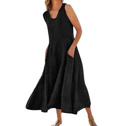 Leinenkleid Damen Sommer - Sommerkleid Damen Lang,A-Linien Kleid Damen Baumwolle Leinen mit Tasche Vintage Einfarbig Ärmelloses Strandkleid Lose Blusenkleid Langes Kleider Maxikleid Freizeitkleid von DeaAmyGline