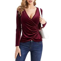 Oberteile Damen Sexy Langarm Tiefer V-Ausschnitt Wickel T Shirt Samt Seidentop Bluse Comfort Fit Langarmshirt Pullover Hemden Blusenshirt T-Shirt Oberteil für Frauen Party Club Alltag Festlich von DeaAmyGline