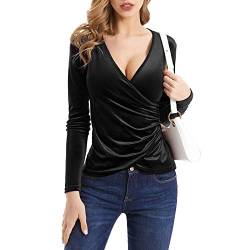 Oberteile Damen Sexy Langarm Tiefer V-Ausschnitt Wickel T Shirt Samt Seidentop Bluse Comfort Fit Langarmshirt Pullover Hemden Blusenshirt T-Shirt Oberteil für Frauen Party Club Alltag Festlich von DeaAmyGline