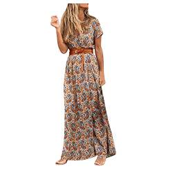 Sommerkleid Damen Lang mit Gürtel - Strandkleid Damen Sommer,Boho Kleid Damen Kurzarm V Ausschnitt Maxikleid Blumen Drucken Langes Kleider Festlich Elegant Lässig Slim Fit Freizeitkleid Partykleid von DeaAmyGline