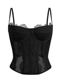 Dealmore Damen Sommer Spitze Bustier Mesh Sexy Vintage Spaghettiträger Offener Rücken Knochen Korsett Ausgehen Party Crop Top, Schwarz, Small von Dealmore