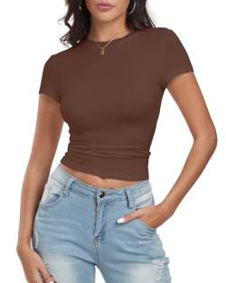 Deaviya Damen T-Shirt, Y2K Oberteile Slim Fit, Basic Tops Skims Dupe für Damen, Einfarbig Rundhals Cropped Tee, Kurzarm Frauen Streetwear (DE/NL/SE/PL, Alphanumerisch, L, Regular, Regular, Braun) von Deaviya