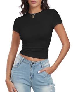 Deaviya Damen T-Shirt, Y2K Oberteile Slim Fit, Basic Tops Skims Dupe für Damen, Einfarbig Rundhals Cropped Tee, Kurzarm Frauen Streetwear (DE/NL/SE/PL, Alphanumerisch, XXL, Regular, Regular, Schwarz) von Deaviya