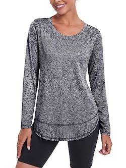 Deaviya Langarm Sportshirt für Damen, Langarmshirt Damen Sport Oberteil, Rundhalsausschnitt Laufshirt Langarm Locker (DE/NL/SE/PL, Alphanumerisch, S, Regular, Regular, Grau) von Deaviya